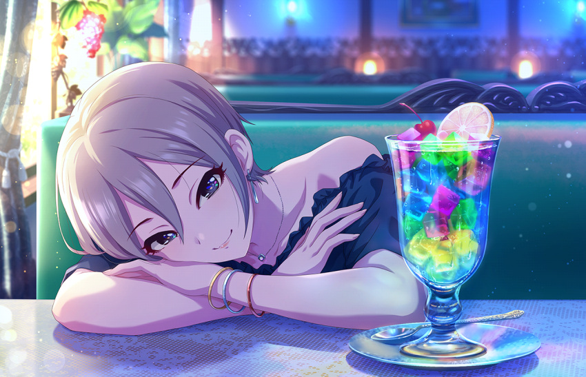 1girl arm_rest arms_on_table blurry bokeh bracelet collarbone depth_of_field grey_hair hair_between_eyes head_rest idolmaster idolmaster_cinderella_girls idolmaster_cinderella_girls_starlight_stage indoors jelly jewelry looking_at_viewer off_shoulder official_art restaurant shiomi_syuko short_hair sitting smile solo sunlight