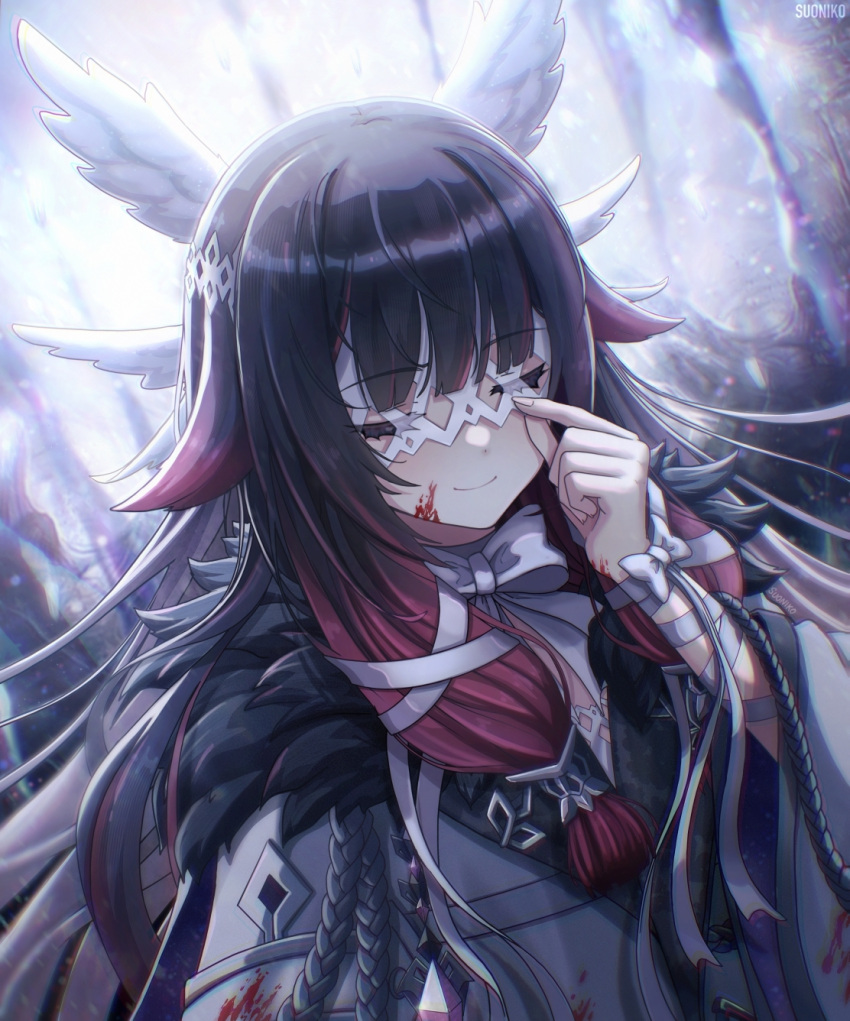 1girl adjusting_mask bangs blood blood_on_clothes blood_on_face blunt_bangs bow closed_eyes closed_mouth columbina_(genshin_impact) fur_trim genshin_impact hair_ornament highres hime_cut jacket long_hair pink_hair sidelocks smile solo suoniko white_bow white_jacket