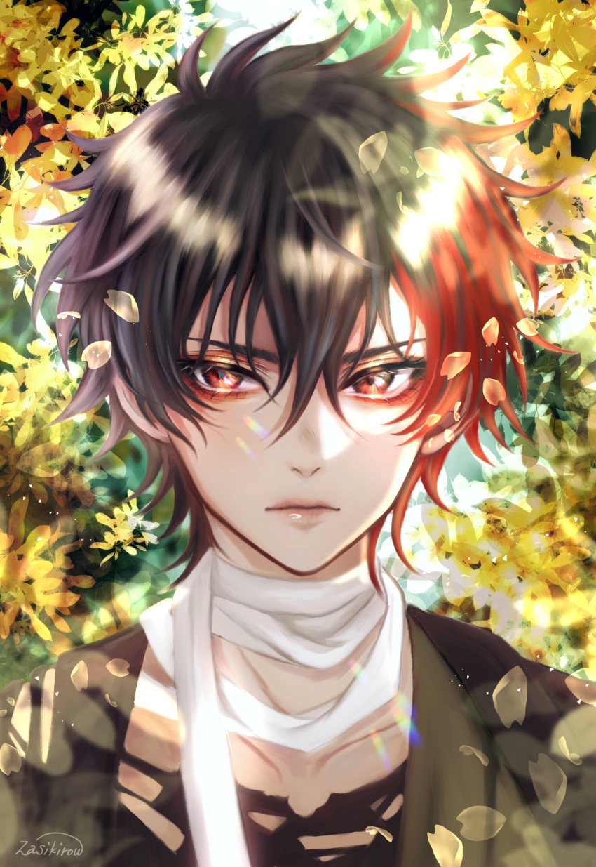 1boy absurdres brown_hair closed_mouth facing_viewer highres hizen_tadahiro leaf looking_to_the_side male_focus multicolored_hair red_eyes redhead scarf short_hair solo touken_ranbu tree zasikirou