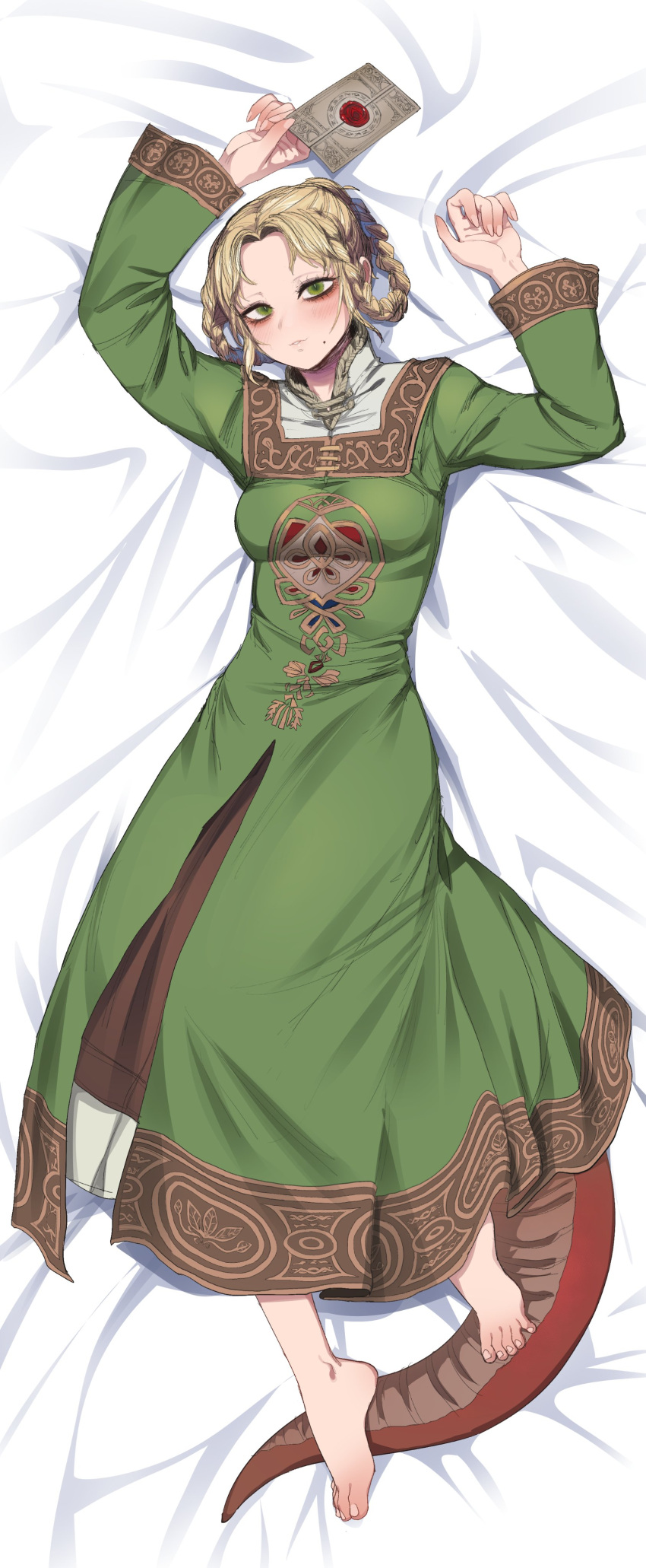 1girl absurdres barefoot blonde_hair blush braid breasts difman dress elden_ring fingernails green_dress green_eyes highres letter lizard_tail looking_at_viewer lying medium_breasts mole_on_cheek on_back on_bed rya_(elden_ring) short_hair slit_pupils solo tail wax_seal wide_sleeves