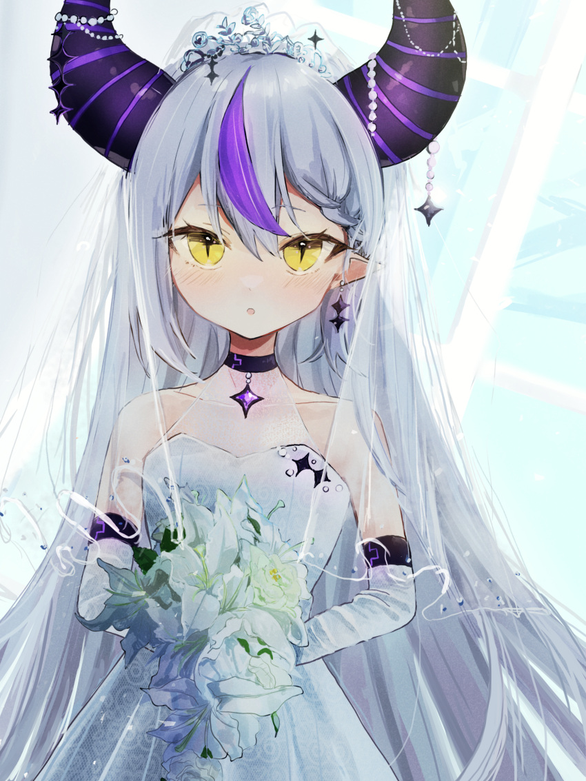 1girl absurdres akebisousaku bangs bare_shoulders black_choker blue_background bouquet choker collarbone demon_horns dress earrings elbow_gloves flower gloves grey_hair highres hololive horns jewelry la+_darknesss long_hair looking_at_viewer multicolored_hair parted_lips pointy_ears purple_hair slit_pupils solo streaked_hair very_long_hair virtual_youtuber wedding_dress white_dress white_flower white_gloves yellow_eyes