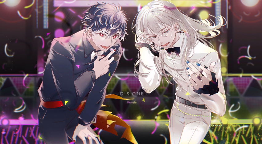 2boys accookie belt bishounen black_hair blue_nails bow bowtie chain confetti highres idolish_7 jewelry long_hair long_sleeves looking_at_viewer male_focus momo_(idolish_7) multicolored_hair multiple_boys open_mouth re:vale red_eyes red_nails ring short_hair smile sweatdrop two-tone_hair white_hair yuki_(idolish_7)