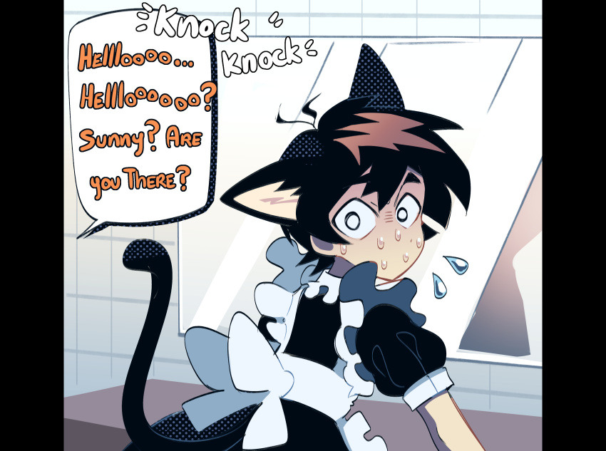 1boy @_@ absurdres alternate_costume animal_ears bathroom black_hair cat_ears cat_tail english_text enmaided fake_animal_ears fake_tail flying_sweatdrops highres indoors looking_at_viewer maid mirror omori pillarboxed puffy_short_sleeves puffy_sleeves remi_(mozzaremi) short_hair short_sleeves solo speech_bubble sunny_(omori) sweat tail
