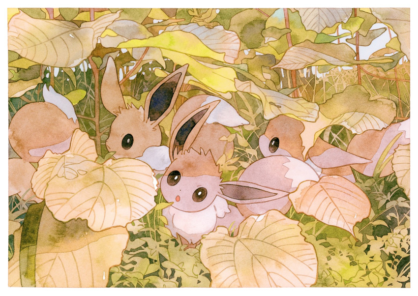 :o animal_focus border bright_pupils brown_eyes closed_mouth eevee highres leaf looking_at_viewer no_humans oharu-chan plant pokemon pokemon_(creature) white_border white_pupils