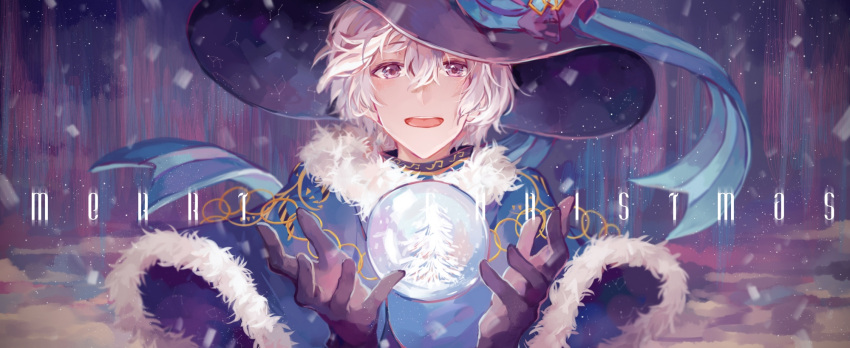 1boy bishounen black_gloves gloves hat hat_ribbon highres idolish_7 looking_at_viewer male_focus merry_christmas open_mouth osaka_sougo polora ribbon snow snowball solo violet_eyes white_hair
