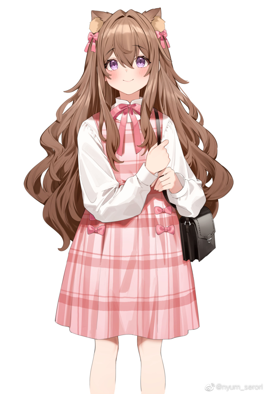 1girl animal_ear_fluff animal_ears bag bangs blush bow bowtie brown_hair closed_mouth dress extra_ears hair_between_eyes hair_bow highres holding_strap long_hair long_sleeves looking_at_viewer nyum original pinafore_dress pink_bow pink_bowtie pink_dress plaid plaid_dress shirt shoulder_bag simple_background smile solo standing very_long_hair violet_eyes weibo_username white_background white_shirt