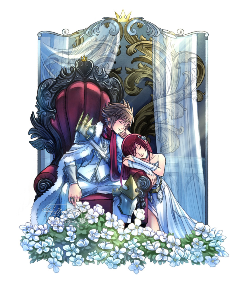 1boy 1girl brown_hair couple crown curtains dress final_fantasy final_fantasy_xv flower highres hollypolllyy kairi_(kingdom_hearts) kingdom_hearts lying redhead sitting sleeping sora_(kingdom_hearts) spiky_hair throne white_dress white_flower