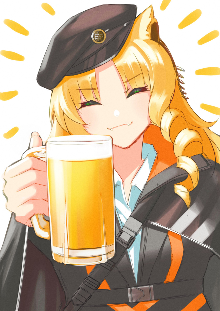 1girl ^_^ absurdres animal_ears arknights beer_mug beret black_headwear black_jacket closed_eyes collared_shirt cup drill_hair earpiece emphasis_lines facing_viewer fangs fangs_out hand_up hat highres holding holding_cup jacket long_hair mug nnicoinu shirt simple_background smile solo swire_(arknights) tiger_ears tiger_girl upper_body white_background white_shirt