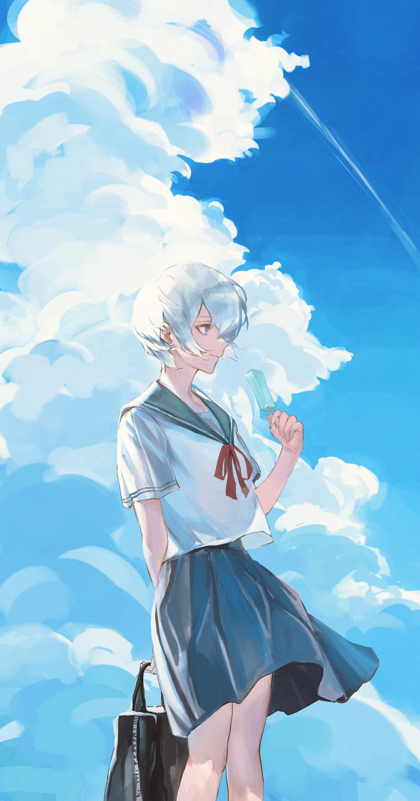 1girl absurdres arm_behind_back bag blue_eyes blue_hair blue_skirt blue_theme closed_mouth clouds cloudy_sky contrail cumulonimbus_cloud drawing_alpaca film_grain food highres holding holding_bag holding_food light_blue_hair original popsicle red_ribbon ribbon school_bag school_uniform serafuku short_hair skirt sky smile solo uniform wind zipper