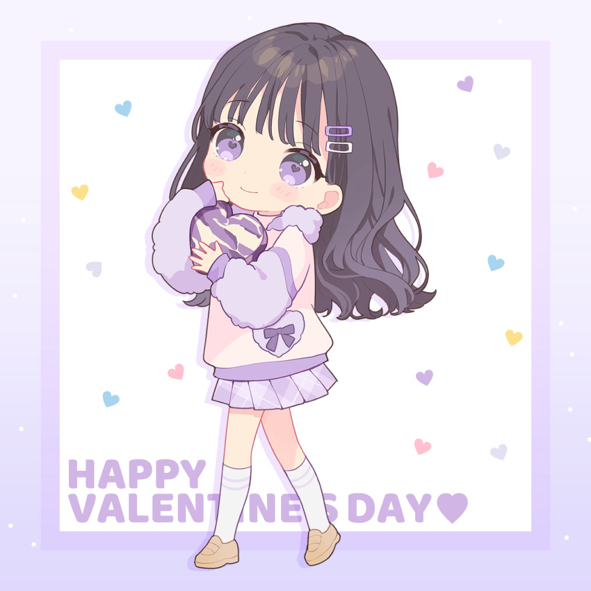 1girl bangs black_hair blush_stickers chibi chocolate food fur_collar fur_sleeves hair_ornament hairclip hand_on_own_face happy_valentine heart heart-shaped_pupils highres holding holding_chocolate holding_food hood hoodie loafers long_hair looking_at_viewer mameyanagi original plaid plaid_skirt pleated_skirt shoes skirt smile socks solo symbol-shaped_pupils valentine violet_eyes walking