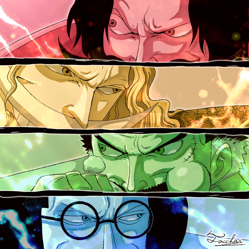 4boys beard black_hair edward_newgate eye_focus facial_hair glasses gol_d._roger grin highres jewelry long_hair looking_to_the_side male_focus manly monkey_d._garp multicolored_hair multiple_boys multiple_monochrome mustache old old_man one_piece panels round_eyewear scar sengoku_(one_piece) short_hair signature smile tacchan56110 two-tone_hair white_hair