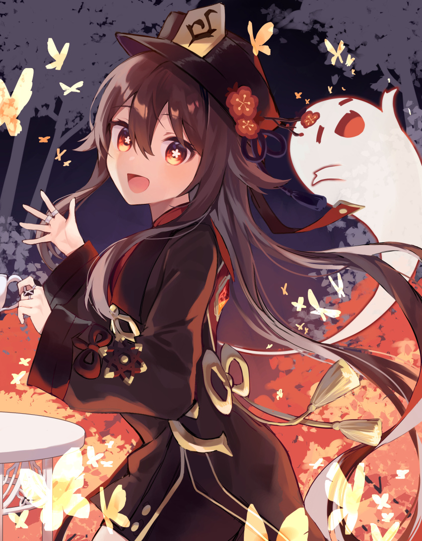 1girl :d absurdres black_headwear brown_hair bug butterfly chinese_clothes flower genshin_impact ghost hand_up hat hat_flower highres hu_tao_(genshin_impact) jewelry kurobikari long_sleeves looking_at_viewer open_mouth red_eyes ring shorts smile symbol-shaped_pupils top_hat twintails waving
