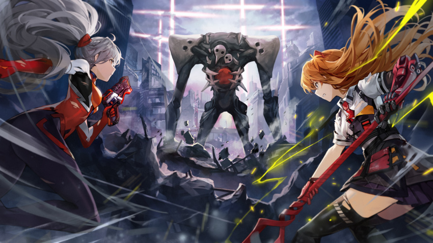 2girls angel_(evangelion) bangs black_dress black_footwear bodysuit closed_mouth collared_shirt cosplay crossover dress gauntlets goomrrat gun hair_ornament handgun highres holding holding_gun holding_polearm holding_weapon honkai_(series) honkai_impact_3rd kiana_kaslana kiana_kaslana_(void_drifter) lance_of_longinus long_hair multiple_girls necktie neon_genesis_evangelion orange_hair pinafore_dress polearm ponytail red_bodysuit red_necktie sachiel shirt short_sleeves souryuu_asuka_langley souryuu_asuka_langley_(cosplay) thigh-highs twintails weapon white_hair white_shirt