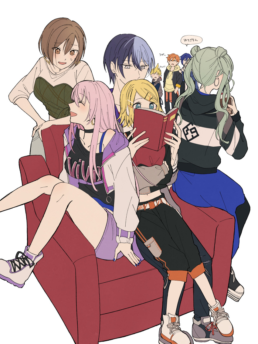 4boys 4girls absurdres aoyagi_touya armchair blonde_hair blue_hair blush book brown_hair chair choker earrings girl_sandwich green_hair hatsune_miku highres holding holding_book jacket jewelry kagamine_len kagamine_rin kaito_(vocaloid) long_hair looking_at_another megurine_luka meiko multicolored_hair multiple_boys multiple_girls mykisnk nail_polish open_mouth orange_hair pants pink_hair project_sekai reading sandwiched shinonome_akito shoes short_hair shorts sitting sitting_on_lap sitting_on_person smile sneakers speech_bubble twintails two-tone_hair vivid_bad_squad_(project_sekai)