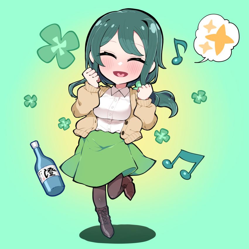 1girl :d alcohol beamed_eighth_notes black_pantyhose blush bottle breasts brown_jacket chibi clenched_hand closed_eyes clover_hair_ornament eighth_note facing_viewer gradient gradient_background green_background green_hair green_skirt hair_ornament highres indie_virtual_youtuber jacket large_breasts long_sleeves music musical_note pantyhose shirt simple_background singing skirt smile spoken_sparkle standing standing_on_one_leg sumi_suya sunaonakapipara tongue virtual_youtuber white_shirt