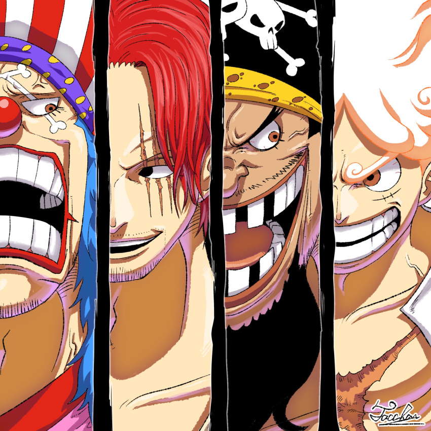 anger_vein beard black_hair buggy_the_clown clown clown_nose evil_smile facial_hair gear_fifth grin hat highres long_hair looking_at_another male_focus marshall_d._teach missing_teeth monkey_d._luffy multiple_boys one_piece open_clothes open_mouth pectorals redhead scar scar_across_eye scar_on_chest scar_on_face shanks shirt short_hair signature smile spoilers tacchan56110 tattoo veins white_hair