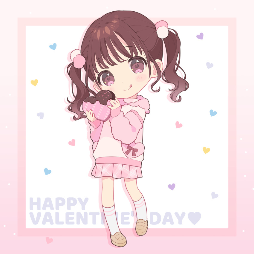 1girl :p bangs blush_stickers brown_hair candy chibi chocolate food fur_collar fur_sleeves hair_bobbles hair_ornament happy_valentine head_tilt heart heart-shaped_chocolate heart-shaped_pupils highres holding holding_chocolate holding_food hood hoodie loafers long_hair looking_at_viewer mameyanagi original pink_eyes plaid plaid_skirt pleated_skirt pom_pom_(clothes) pom_pom_hair_ornament shoes skirt smile socks solo symbol-shaped_pupils tongue tongue_out twintails valentine