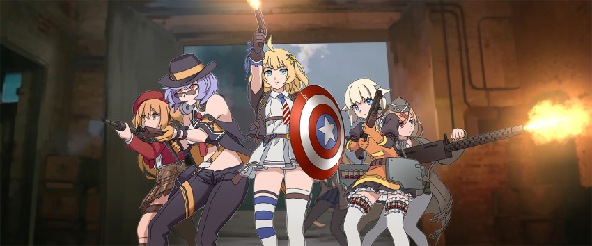 5girls ahoge american_flag asymmetrical_legwear beret blonde_hair blue_eyes blue_hair brown_hair captain_america_(series) fedora girls_frontline gun hair_ornament hairclip handgun hat holding holding_gun holding_weapon m1897_(girls'_frontline) m1911 m1911_(girls'_frontline) m1919a4_(girls'_frontline) machine_gun marvel mismatched_legwear multiple_girls necktie photo-referenced pleated_skirt shield shirt short_hair shotgun shotgun_shell skirt sten_gun sten_mkii_(girls'_frontline) submachine_gun sunglasses tab_(tabkun) thompson_(girls'_frontline) weapon white_shirt winchester_model_1897 world_war_ii