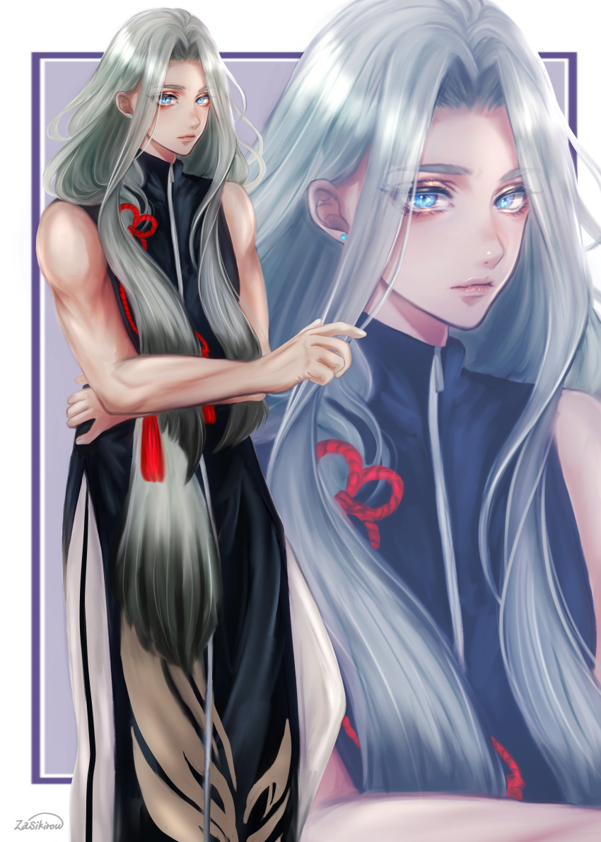 1boy absurdres black_hair blue_eyes closed_mouth clothing_request colored_tips crossed_arms earrings facing_away grey_hair highres himetsuru_ichimonji jewelry long_hair looking_at_viewer male_focus multicolored_hair muscular muscular_male shirt sleeveless sleeveless_shirt solo touken_ranbu white_background zasikirou