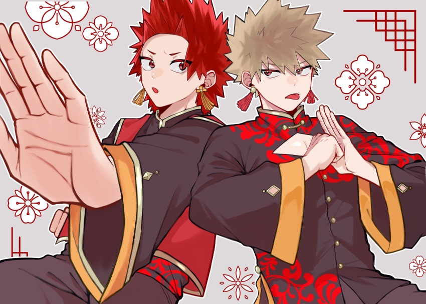 2boys :o absurdres bakugou_katsuki blonde_hair boku_no_hero_academia chinese_clothes cleavage_cutout clenched_hand clothing_cutout earrings fighting_stance floral_background foreshortening grey_background hane11254 highres jewelry kirishima_eijirou male_focus multiple_boys outline red_eyes redhead spiky_hair tassel tassel_earrings tongue tongue_out white_outline