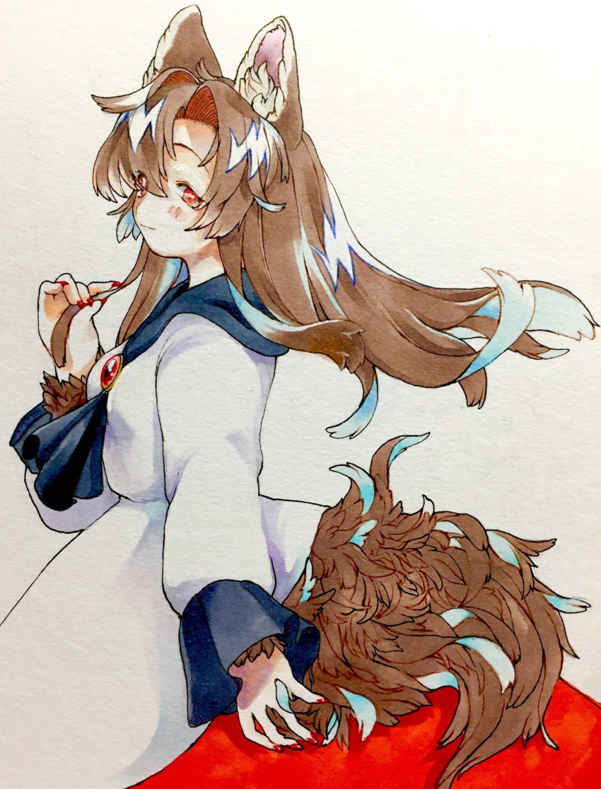 1girl animal_ear_fluff animal_ears body_fur brown_hair commentary_request dress highres imaizumi_kagerou kagaya_(oshiriudon) long_hair long_sleeves painting_(medium) photo_(medium) red_eyes red_nails solo tail touhou traditional_media wolf_ears wolf_girl