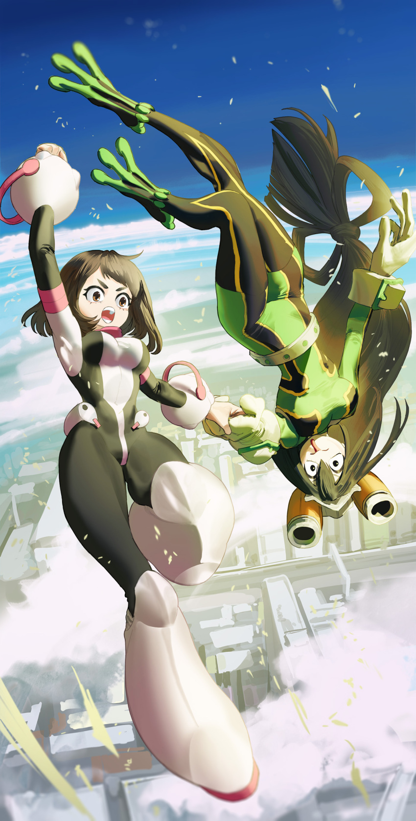 2girls absurdres arm_up asui_tsuyu belt black_eyes blue_sky bodysuit boku_no_hero_academia brown_eyes brown_hair building city cityscape clenched_hand closed_mouth clouds costume covered_navel floating ghdwid gloves goggles goggles_on_head green_bodysuit green_gloves green_hair hair_between_eyes highres holding holding_hands long_hair long_tongue medium_hair multiple_girls no_nose open_mouth outdoors sky teeth tongue tongue_out turtleneck upside-down uraraka_ochako very_long_hair