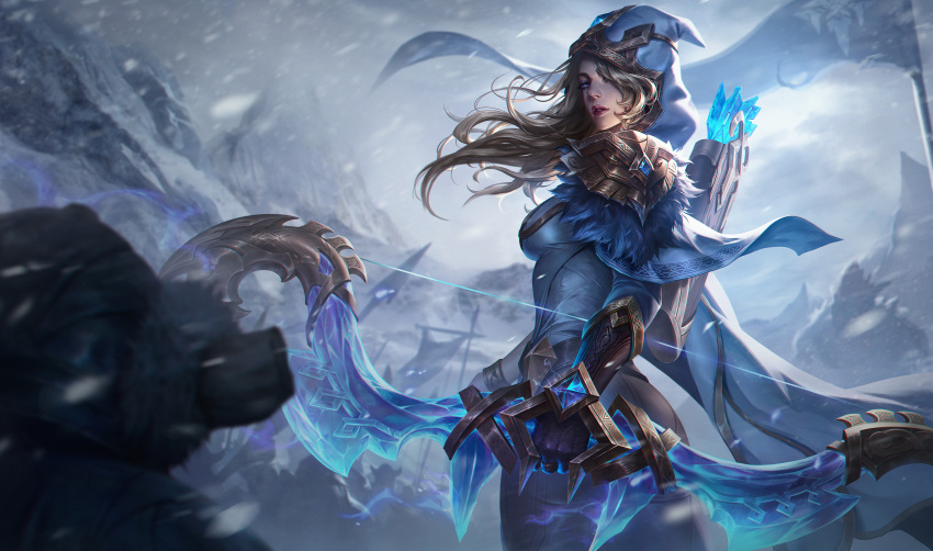 1girl armor ashe_(league_of_legends) blizzard blonde_hair blue_eyes bow_(weapon) breasts c_home cape chinese_commentary cowboy_shot flag forehead fur_trim gem gloves highres holding holding_bow_(weapon) holding_weapon hood hood_up league_of_legends long_hair nostrils official_art outdoors quiver realistic red_lips shoulder_armor sideboob solo sparkle weapon wild_rift wing_bow