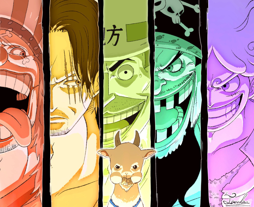 5boys beard black_hair buggy_the_clown clown_nose evil_smile facial_hair fat goat grin hat highres long_hair looking_to_the_side male_focus marshall_d._teach missing_teeth monkey_d._luffy multiple_boys one_piece open_clothes open_mouth panels pectorals pirate_hat scar scar_across_eye scar_on_face shanks_(one_piece) shirt short_hair signature smile tacchan56110 tattoo tongue tongue_out