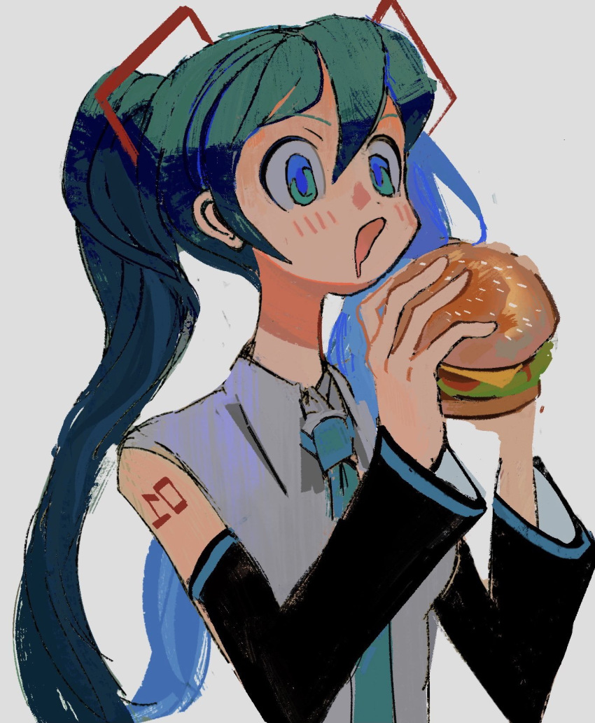 1girl aqua_eyes aqua_hair bangs bare_shoulders bigskycastle blush burger detached_sleeves eating food hair_between_eyes hair_ornament hatsune_miku highres holding holding_food long_hair necktie number_tattoo open_mouth saliva sleeveless solo tattoo twintails vocaloid white_background