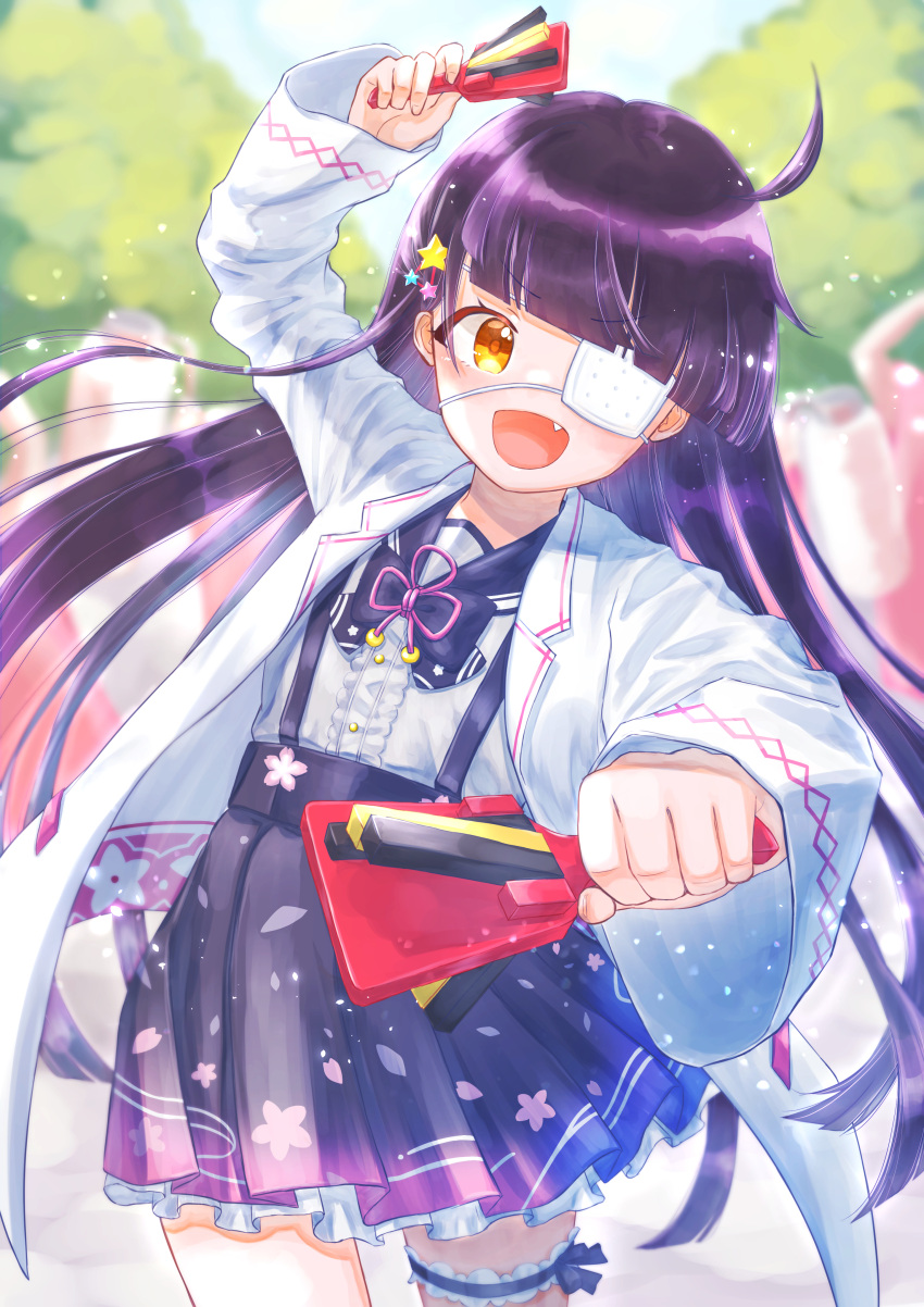 1girl :d absurdres arm_up black_bow black_skirt bow brown_eyes day eyepatch fang hair_ornament highres long_sleeves looking_at_viewer naruko_(instrument) onsen_musume outdoors purple_hair rashi_(qwer0987) skirt smile standing star_(symbol) star_hair_ornament suspenders thigh_strap wide_sleeves