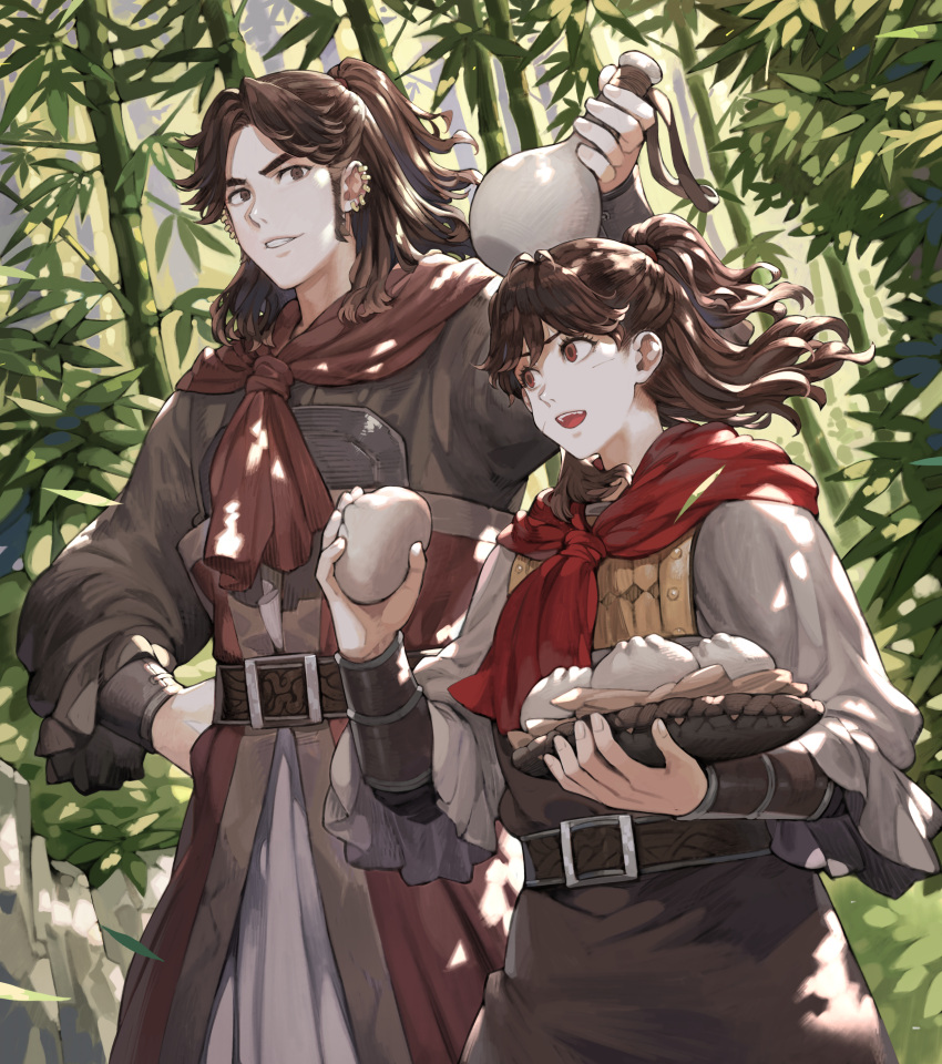 :d absurdres belt bracer brown_eyes brown_hair character_request copyright_request day dumpling ear_piercing food forest hand_on_hip highres holding holding_food jun_(seojh1029) liaoyuan_huo long_hair nature outdoors piercing ravages_of_time smile standing xiaomeng