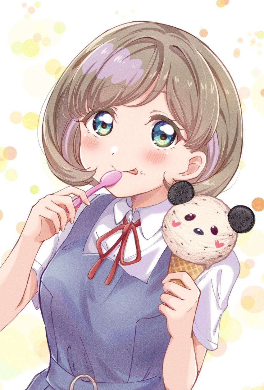 1girl aqua_eyes blue_dress brown_hair collared_shirt commentary dress flipped_hair food food_on_face highres holding holding_ice_cream holding_spoon ice_cream licking_lips light_brown_hair looking_at_viewer love_live! love_live!_superstar!! neck_ribbon osono_(jpku7757) pinafore_dress red_ribbon ribbon school_uniform shirt short_hair short_sleeves solo spoon summer_uniform tang_keke tongue tongue_out white_shirt yellow_background yuigaoka_school_uniform