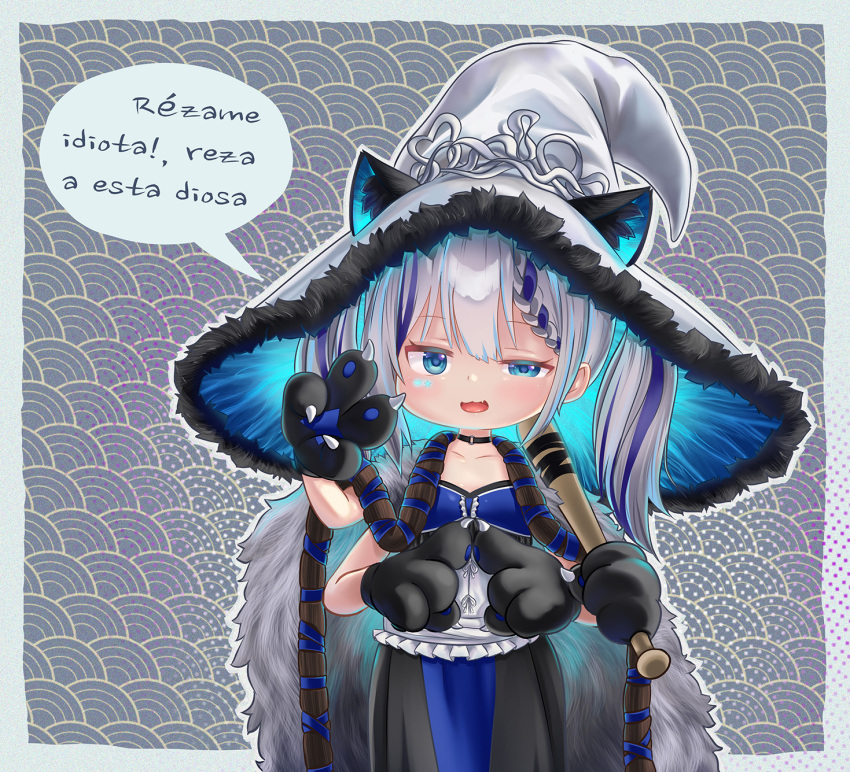 1girl animal_ear_fluff animal_hands baseball_bat black_choker black_dress blue_background blue_border blue_dress blue_eyes blue_hair border braid cape choker cloak commentary cosplay dress elden_ring extra_arms facial_mark frilled_dress frills fur-trimmed_headwear fur_cape fur_cloak gloves half-closed_eye hat hat_ornament hat_with_ears heart heart_facial_mark highres holding holding_baseball_bat index_fingers_together jpml large_hat looking_at_viewer multicolored_hair o-ring o-ring_choker open_mouth outside_border paw_gloves ranni_the_witch ranni_the_witch_(cosplay) robe rurine_luna seigaiha simple_background solo spanish_commentary spanish_text star_(symbol) star_facial_mark streaked_hair translation_request two_side_up v virtual_youtuber wactor_production white_background white_hair white_headwear witch_hat
