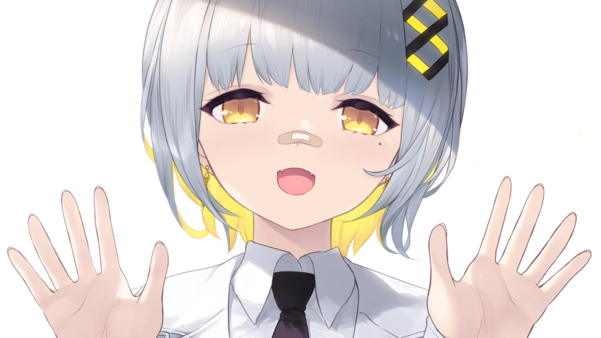 1girl :d bandaid bandaid_on_face bandaid_on_nose bangs black_necktie blonde_hair brown_eyes cait_aron collared_shirt commentary earrings fangs grey_hair hachi_(live_union) hair_ornament hands_up highres jacket jewelry live_union looking_at_viewer mole mole_under_eye multicolored_hair necktie shirt simple_background smile solo two-tone_hair upper_body virtual_youtuber white_background white_jacket white_shirt x_hair_ornament