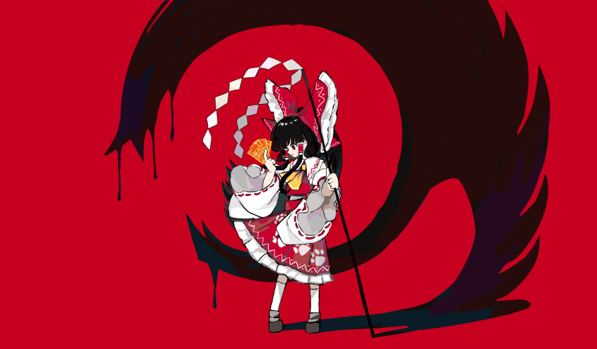 1girl absurdres ascot bangs black_hair blunt_bangs bow detached_sleeves different_shadow floating_clothes floating_hair frilled_bow frilled_skirt frills full_body gohei grey_footwear hair_bow hair_tubes hakurei_reimu hand_up highres holding huge_bow long_hair long_sleeves looking_away looking_to_the_side neruzou nontraditional_miko ofuda parted_lips paw_print paw_print_pattern ponytail print_skirt red_background red_bow red_eyes red_ribbon red_skirt red_vest ribbon ribbon-trimmed_sleeves ribbon_trim shadow shoes sidelocks simple_background skirt skirt_set socks solo standing touhou vest white_sleeves white_socks wide_sleeves wily_beast_and_weakest_creature yellow_ascot