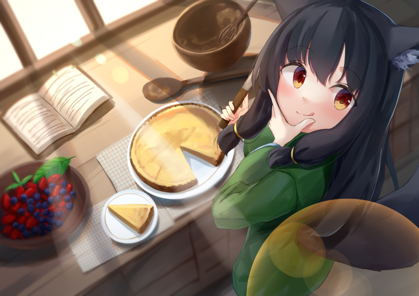 1girl :q absurdres akinakesu-chan animal_ear_fluff animal_ears bangs black_hair blueberry blush book bowl closed_mouth commentary_request day food from_behind fruit green_shirt hand_on_own_chin highres holding holding_knife indoors knife long_hair looking_at_viewer looking_back open_book original red_eyes shirt smile solo standing strawberry sunlight tail tongue tongue_out whisk window wooden_spoon