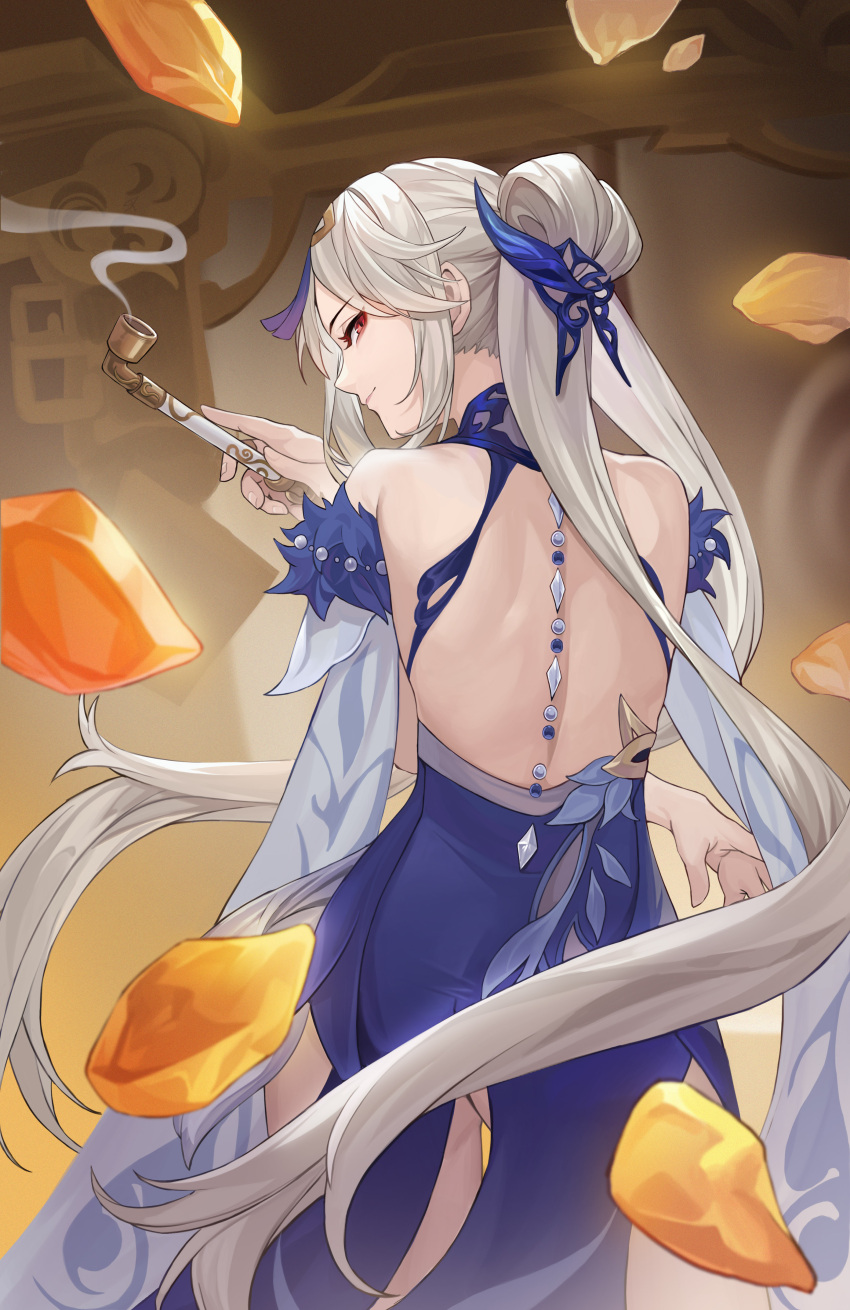 1girl absurdres bangs bare_back commentary_request detached_sleeves from_behind genshin_impact grey_hair hair_ornament head_tilt highres holding holding_smoking_pipe lan_xiezi long_hair looking_at_viewer looking_back low_twintails ningguang_(genshin_impact) ningguang_(orchid's_evening_gown)_(genshin_impact) official_alternate_costume parted_bangs red_eyes shoulder_blades sidelocks smile smoking_pipe solo twintails