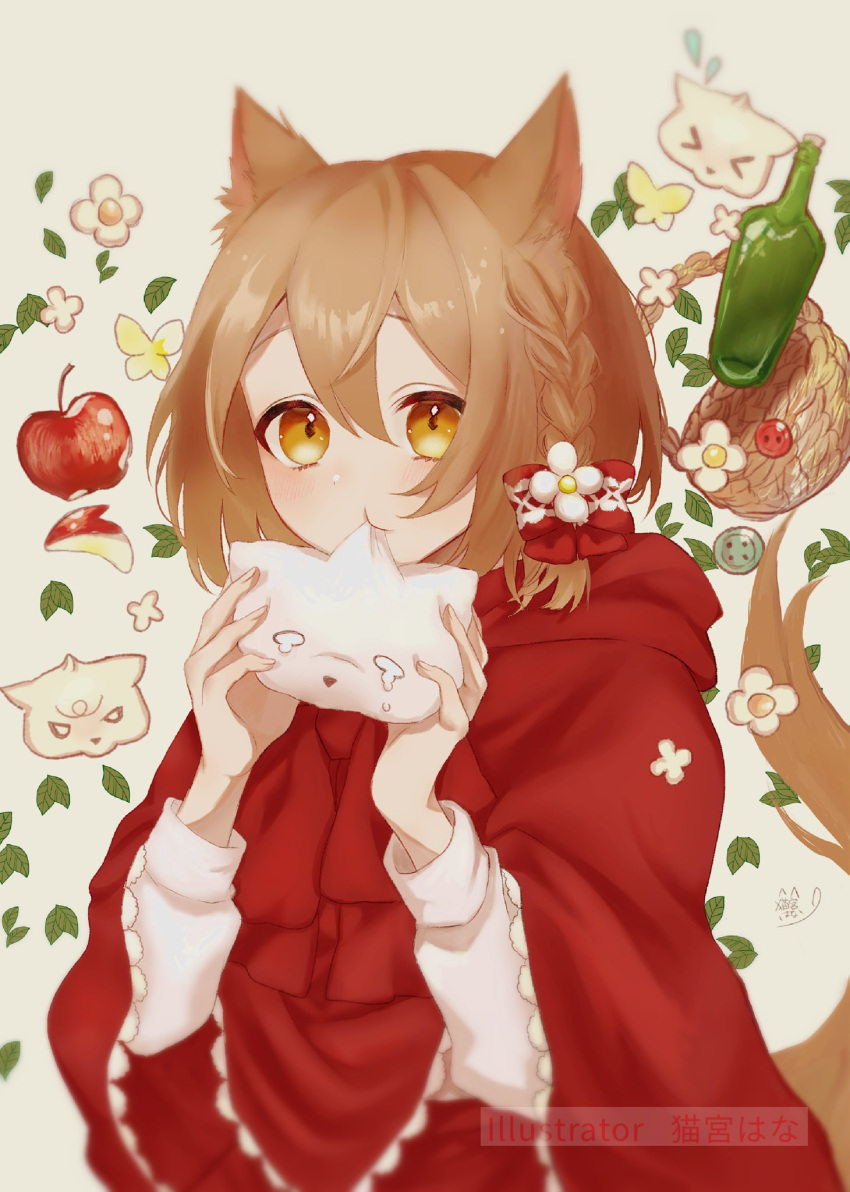 1girl animal_ear_fluff animal_ears apple apple_slice artist_name bangs basket blurry blush bottle bow braid closed_mouth coat daisy depth_of_field eating flower food fruit hair_between_eyes hair_bow hair_flower hair_ornament highres holding holding_food leaf light_brown_hair long_sleeves original red_bow red_coat shirt single_braid solo tail tail_flower tail_ornament upper_body watermark white_shirt wolf_ears wolf_girl wolf_tail yellow_background yellow_eyes yugi_yuzu