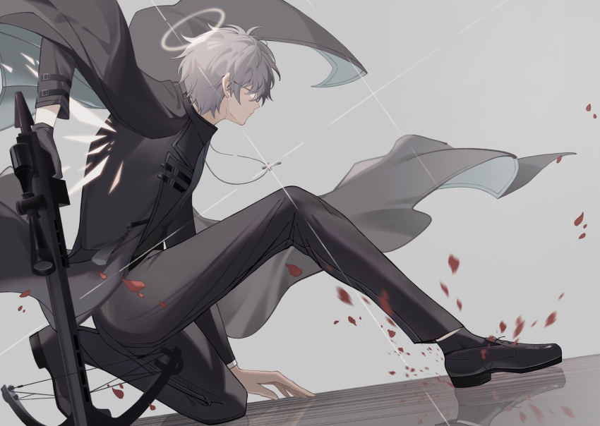 1boy adnachiel_(arknights) arknights bishounen cape coat cross cross_necklace crossbow dullnoko fighting_stance formal from_behind from_below full_body glasses halo highres jewelry kneeling male_focus necklace shoes short_hair socks solo suit white_hair wings