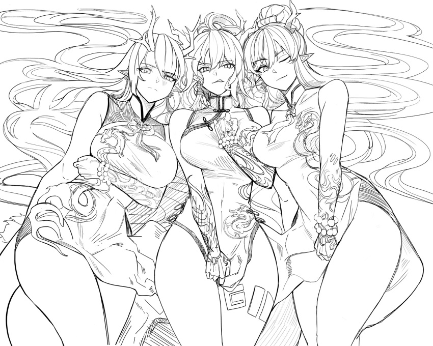3girls :q alternate_breast_size arknights arm_tattoo arm_under_breasts bead_bracelet beads bracelet breasts covering covering_crotch dragon_horns dragon_tail dress dusk_(arknights) fkskii65 greyscale hands_on_hips hands_on_own_chest highres horns jewelry large_breasts leg_tattoo licking_lips lineart ling_(arknights) long_hair looking_at_viewer lying monochrome multiple_girls neck_ribbon nian_(arknights) nian_(unfettered_freedom)_(arknights) official_alternate_costume on_back on_bed one_eye_closed pointy_ears ribbon simple_background sleeveless sleeveless_dress split_mouth tail tattoo tongue tongue_out very_long_hair wavy_hair white_background