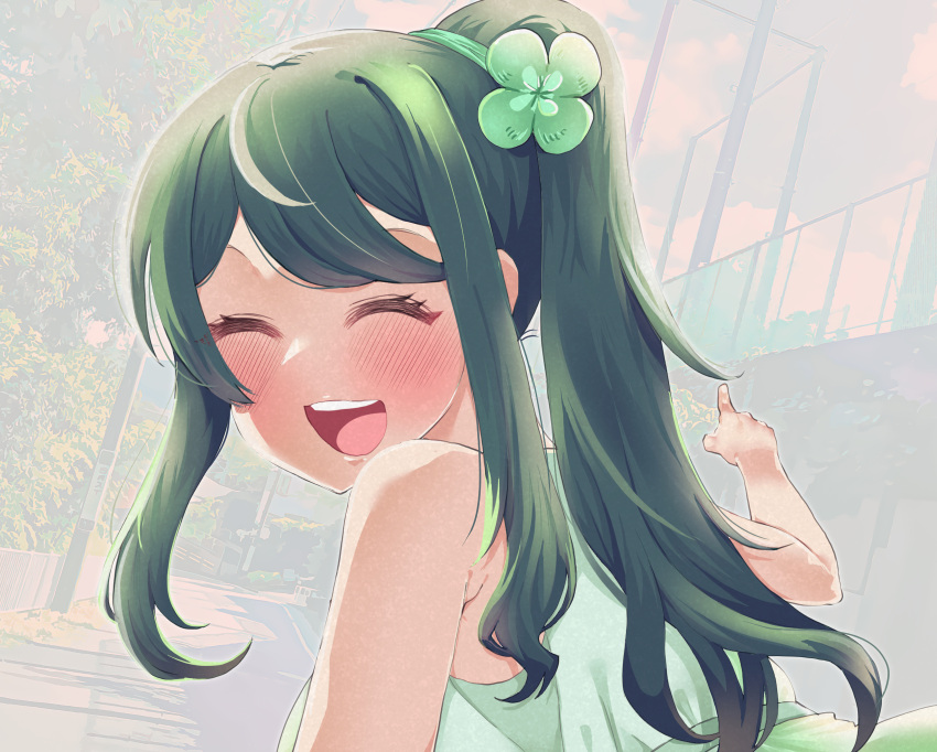 1girl :d blush closed_eyes clover_hair_ornament day facing_viewer green_hair hair_ornament highres indie_virtual_youtuber leaning_forward outdoors pointing ponytail smile sumi_suya sunaonakapipara upper_body virtual_youtuber