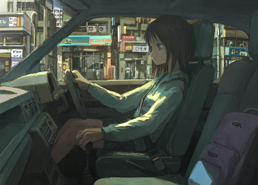 1girl backpack bag bangs black_eyes black_hair building car car_interior city cityscape commentary_request dashboard driving from_side ground_vehicle highres hood hoodie long_sleeves motor_vehicle original outdoors scenery seatbelt shadow short_hair sitting solo tokunaga_akimasa vehicle_interior white_hoodie