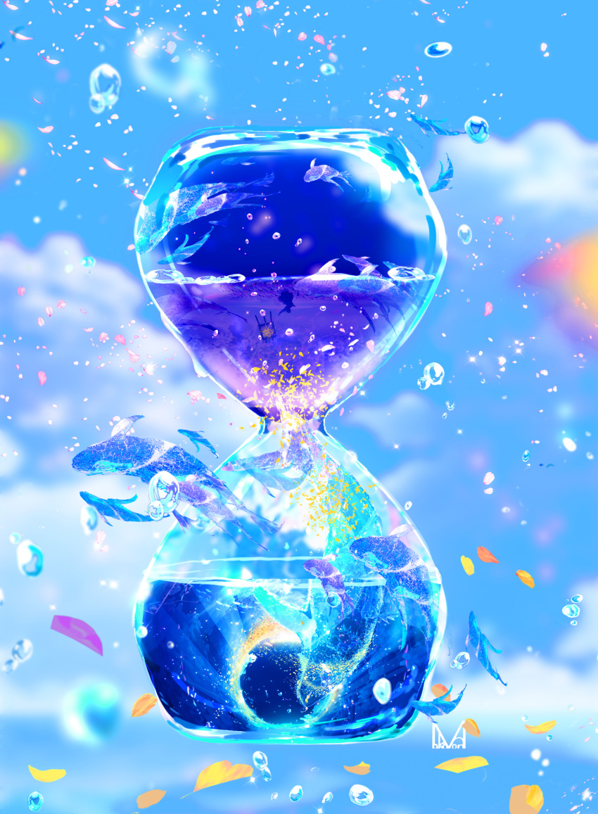 artist_name blurry blurry_background bubble clouds cloudy_sky day falling_petals fish flying flying_animal flying_whale highres hourglass makoron117117 nature no_humans original petals scenery signature sky sparkle water water_drop whale