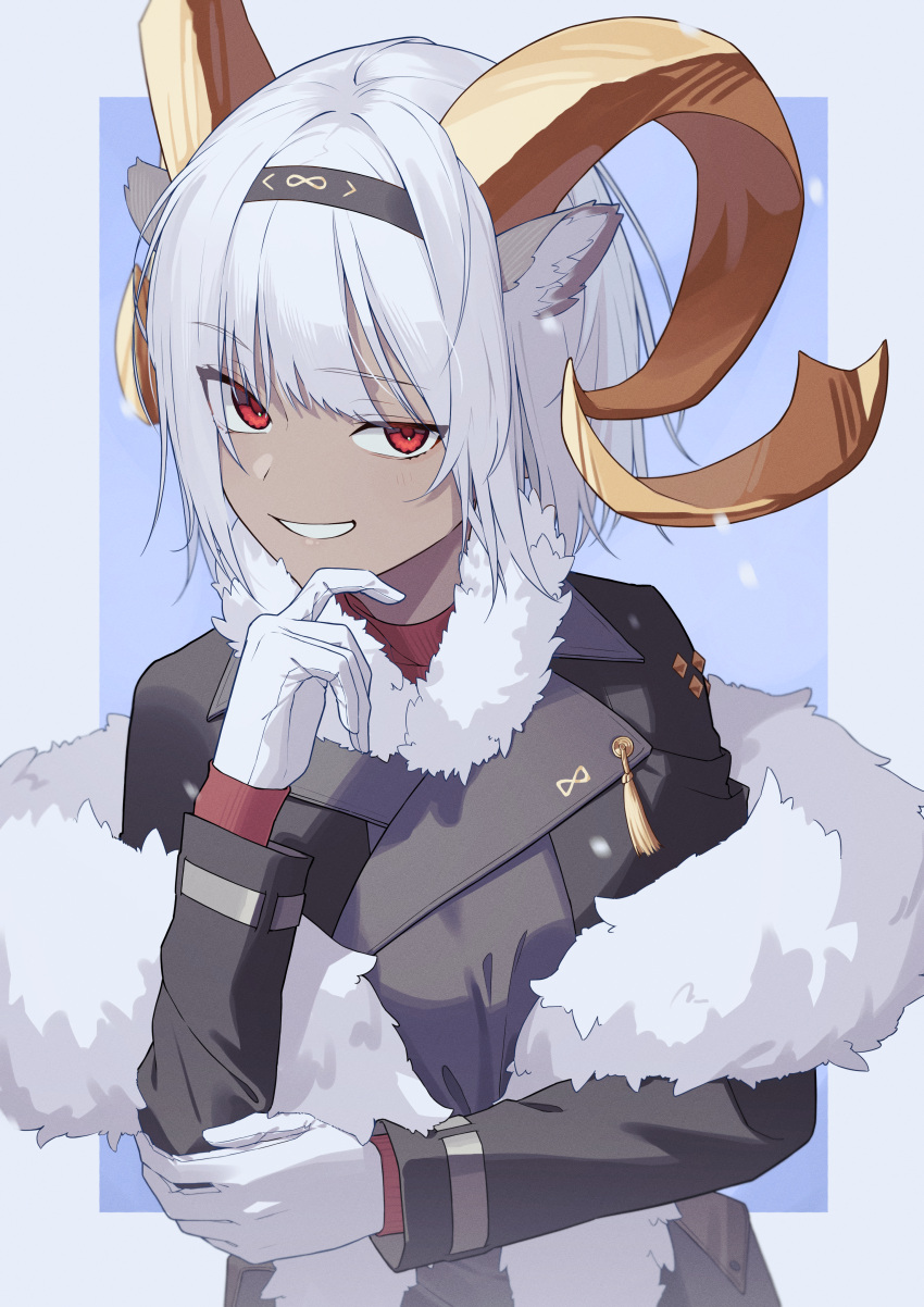 1girl absurdres animal_ears arknights black_hairband black_jacket blue_background border carnelian_(arknights) carnelian_(hohenlohe_chillysand)_(arknights) dark-skinned_female dark_skin feather_boa gloves goat_ears goat_girl goat_horns grey_border hairband hand_on_own_chin hand_up highres horns jacket long_sleeves looking_at_viewer official_alternate_costume outside_border red_eyes red_sweater shoujo_l simple_background smile snow solo sweater tassel upper_body white_gloves white_hair