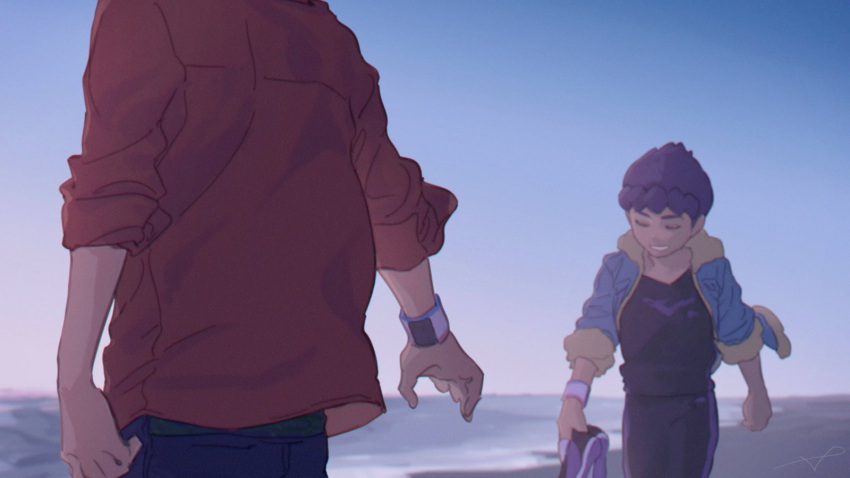 2boys beach black_pants black_shirt blue_jacket dark-skinned_male dark_skin day dynamax_band fur-trimmed_jacket fur_trim highres holding holding_shoes hop_(pokemon) jacket male_focus multiple_boys open_clothes open_jacket outdoors pants pokemon pokemon_(game) pokemon_swsh purple_hair red_shirt sand sankaku shirt shoes shore short_hair signature sky sleeves_past_elbows sleeves_rolled_up victor_(pokemon) water