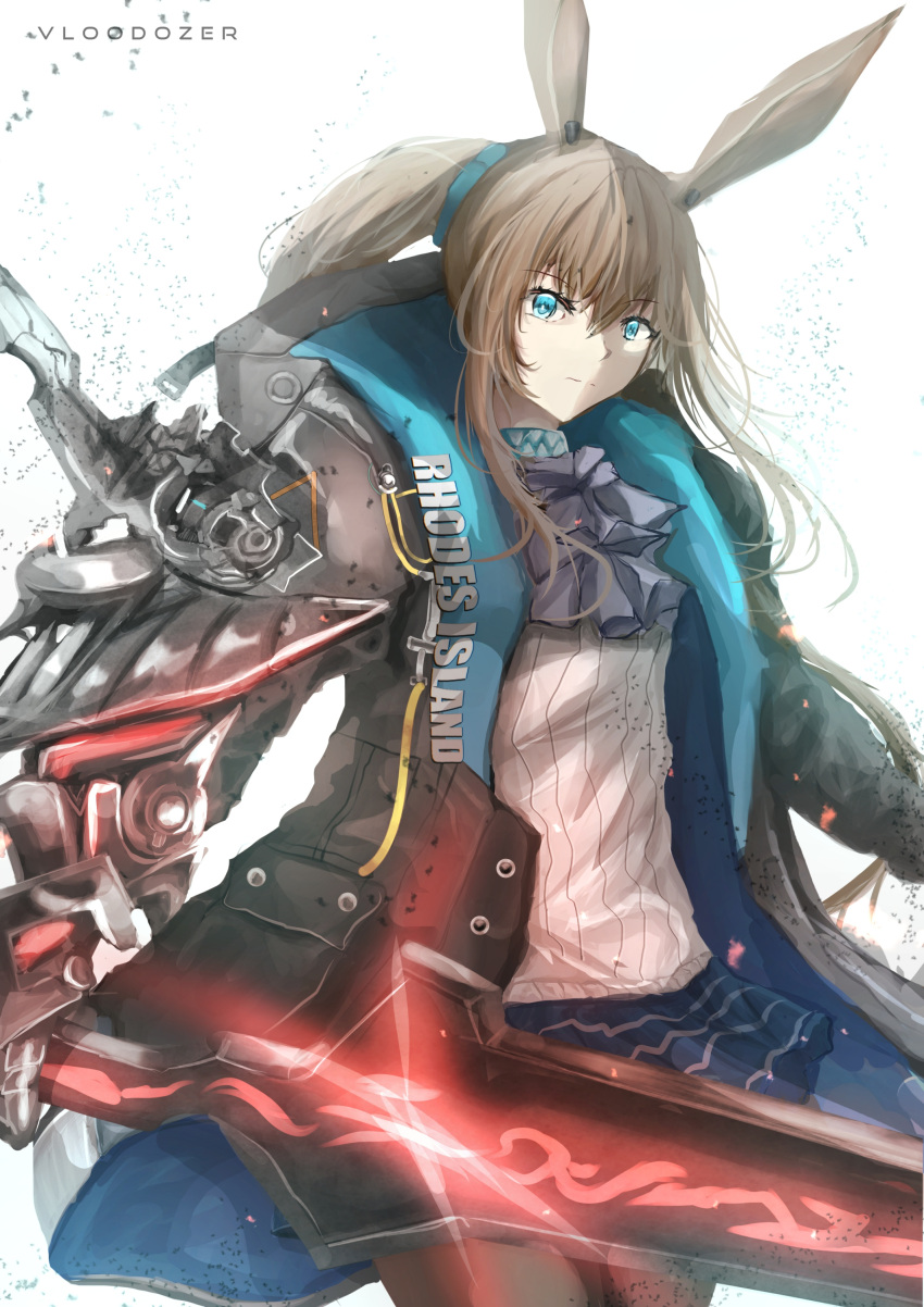 1girl absurdres amiya_(arknights) amiya_(guard)_(arknights) animal_ears arknights artist_name ascot black_jacket black_pantyhose blue_ascot blue_collar blue_skirt brown_hair clothes_writing collar cowboy_shot hair_between_eyes highres holding holding_sword holding_weapon hood hood_down hooded_jacket jacket jewelry long_hair long_sleeves looking_at_viewer mechanical_arms neck_ring open_clothes open_jacket pantyhose ponytail rabbit_ears rabbit_girl shirt sidelocks simple_background single_mechanical_arm skirt solo split_mouth sword v-shaped_eyebrows vloodozer weapon white_background white_shirt