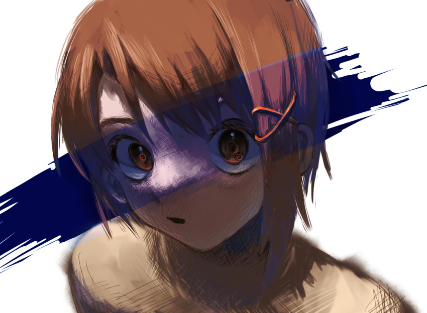 1girl @_@ asymmetrical_hair bangs brown_hair close-up eyelashes hair_ornament hairclip haru_0873999 iwakura_lain looking_at_viewer open_mouth parted_bangs raised_eyebrows serial_experiments_lain short_hair sidelocks simple_background single_sidelock solo spiral surprised sweater white_background wide-eyed x_hair_ornament
