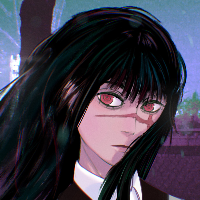 1girl bangs black_hair black_vest blurry blurry_background chainsaw_man chromatic_aberration closed_mouth collared_shirt expressionless floating_hair highres lens_flare long_hair looking_at_viewer m111rooo mitaka_asa pink_eyes red_eyes ribbon ringed_eyes scar scar_on_cheek scar_on_face school_uniform self_upload serious shirt standing vest
