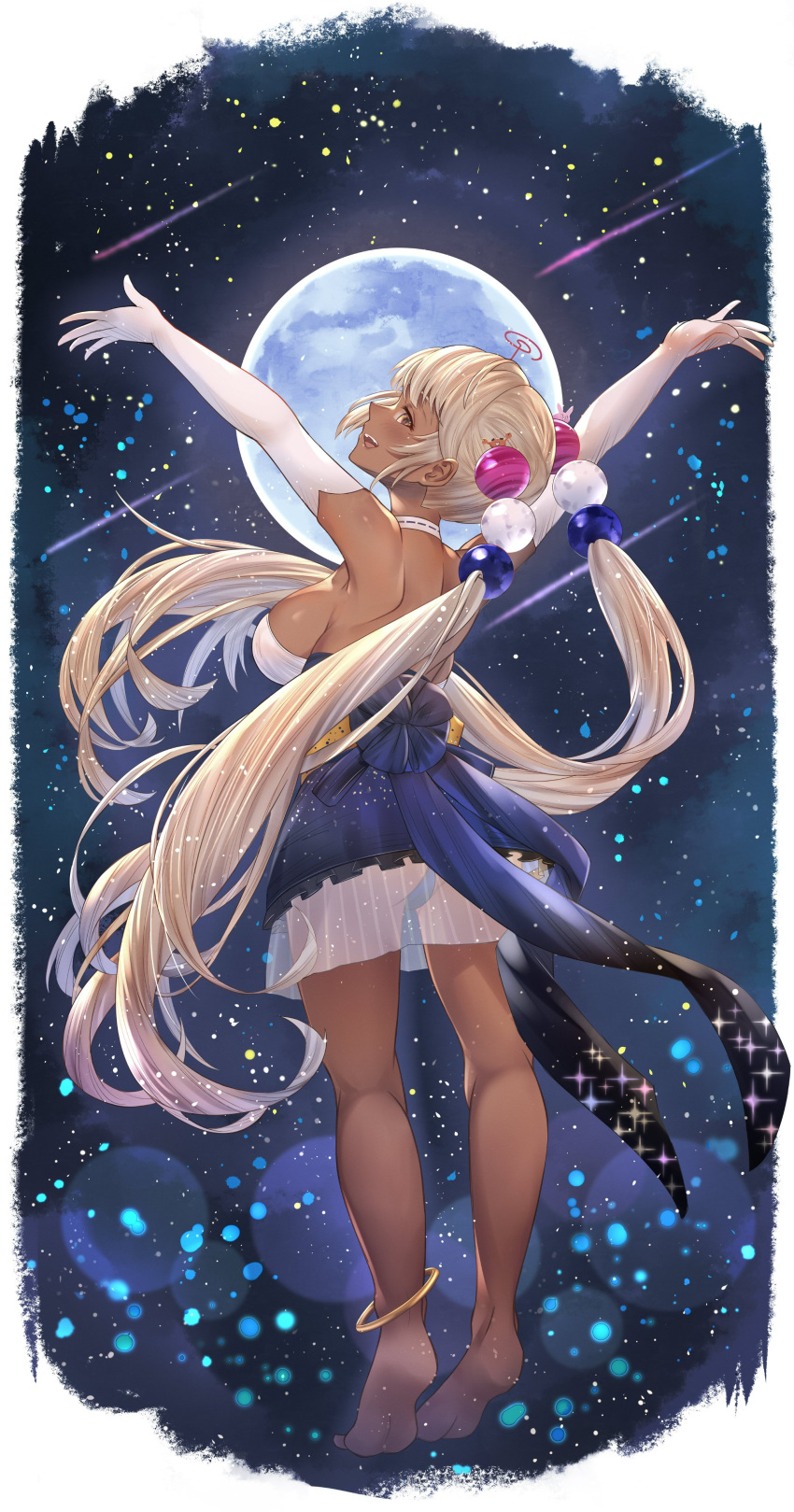 1girl absurdres ass bangs blonde_hair blue_dress breasts dark-skinned_female dark_skin dress elbow_gloves gloves hair_ornament highres hololive hololive_english honkivampy large_breasts leotard leotard_under_clothes limiter_(tsukumo_sana) long_hair looking_at_viewer multicolored_hair open_mouth planet_hair_ornament sideboob tsukumo_sana twintails two-tone_dress very_long_hair virtual_youtuber white_hair yellow_eyes