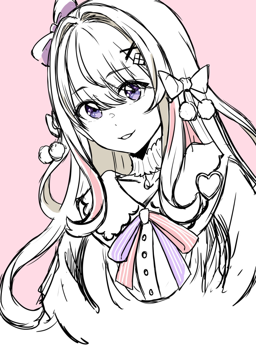 10miyamoto 1girl bow eyes_visible_through_hair hair_bow hair_intakes hair_ornament hairclip highres indie_virtual_youtuber long_hair looking_at_viewer monochrome parted_lips pink_background pom_pom_(clothes) purple_hair ribbon simple_background sketch smile solo spot_color upper_body virtual_youtuber watagashi_unou